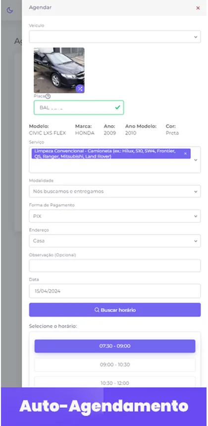 Tela de auto-agendamento, onde o cliente escolhe o serviço e o horário