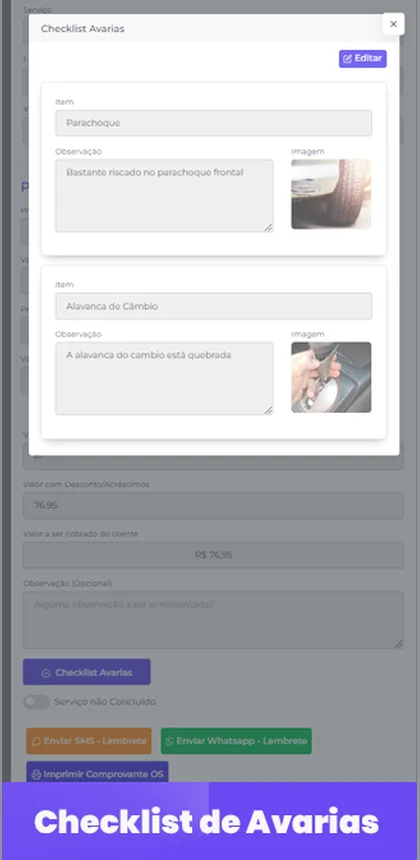 Tela de checklist de avarias, com o registro fotográfico do veículo na entrada
