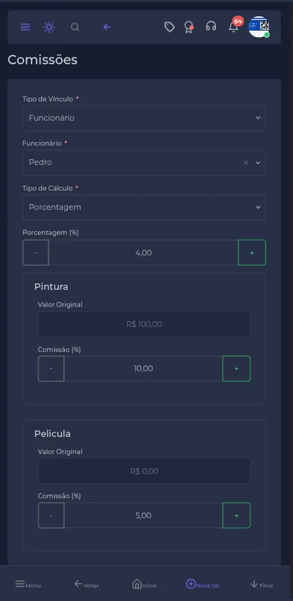Tela de controle de comissionamento da equipe