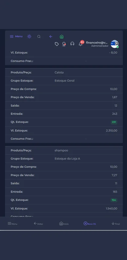 Tela de controle de estoque, com o saldo de produtos