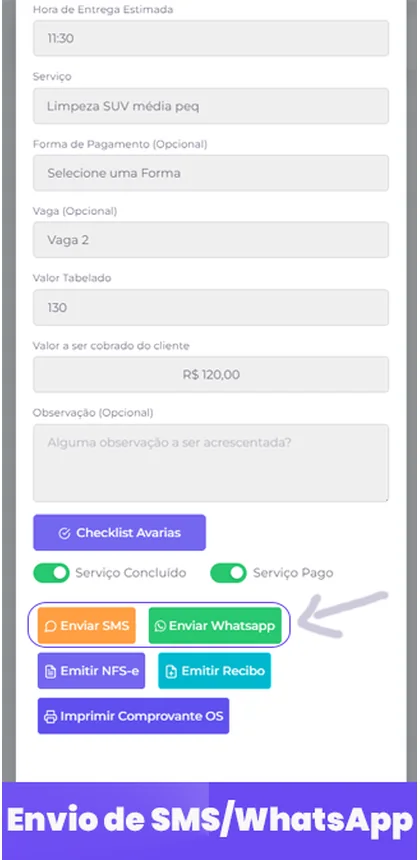 Tela de envio de mensagens por WhatsApp e SMS para os clientes