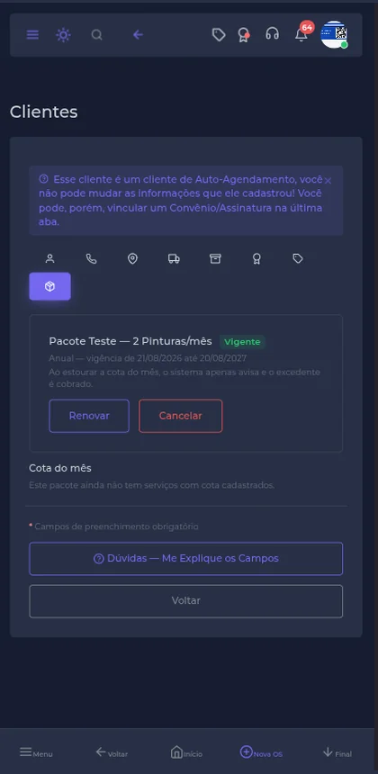 Tela de pacotes e planos de fidelidade, com a cota de serviços do cliente