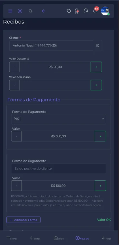 Tela de recibo de pagamento gerado pelo sistema