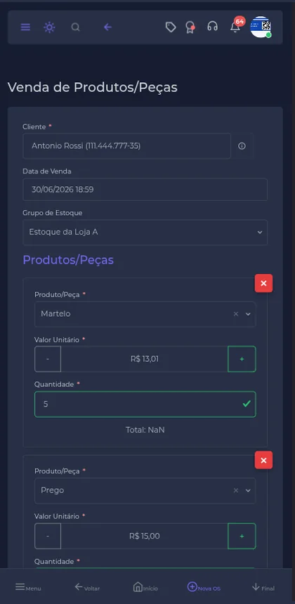 Tela de venda de produtos no balcão